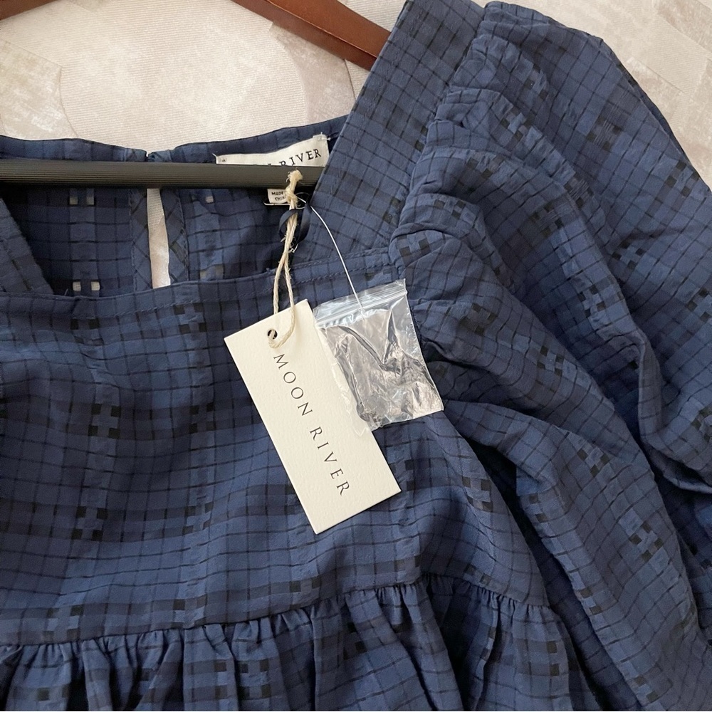 Moon River Square neck puff sleeve navy blue babydoll top XS NWT - Picture 5 of 11